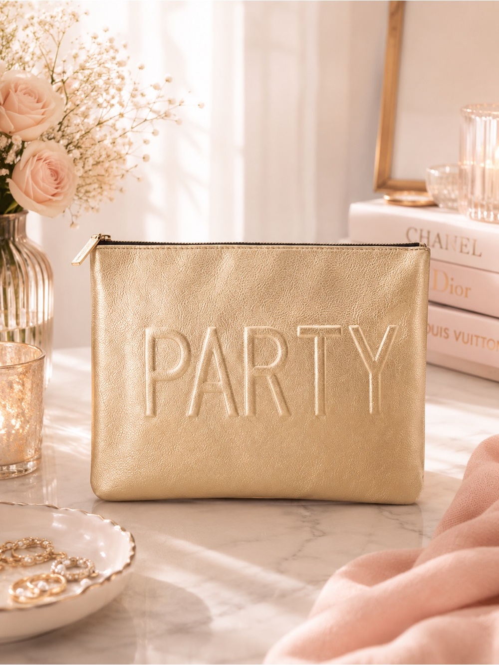MACY’S Metallic Gold Party Clutch | Cosmetic Bag Pouch Cosmetic Holiday Zip